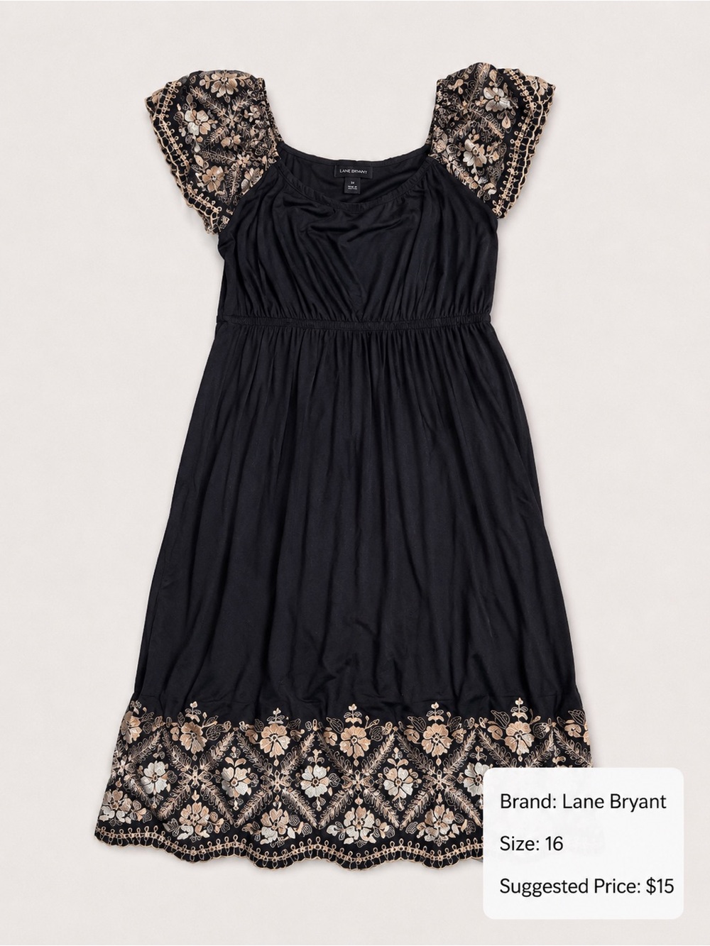 Lane Bryant Black Dress with Gold & Cream Embroidered Sleeves
